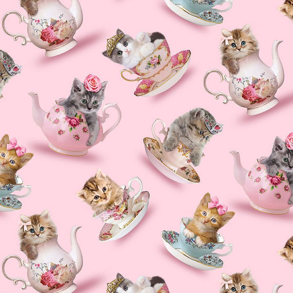Timeless Treasures - Are You Kitten Me? CD3578 Pink Teacup Cats By The Yard