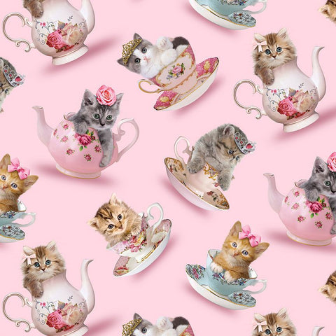 Timeless Treasures - Are You Kitten Me? CD3578 Pink Teacup Cats By The Yard