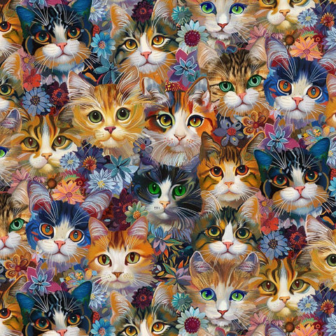 Timeless Treasures Calico Cat CD4114 Natural Packed Cats & Floral By The Yard