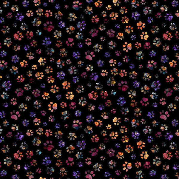 Timeless Treasures Calico Cat CD4115 Black Floral Paw Prints By The Yard
