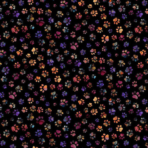 Timeless Treasures Calico Cat CD4115 Black Floral Paw Prints By The Yard