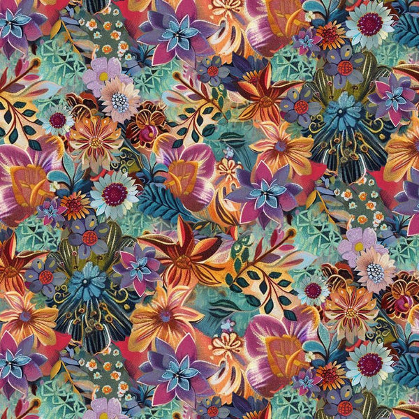 Timeless Treasures Calico Cat CD4117 Sage Boho Packed Floral By The Yard