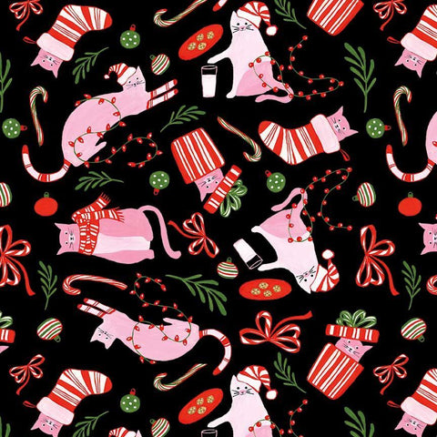 Timeless Treasures Here Comes Santa Claws CD4153 Black Holiday Mischief Cats By The Yard