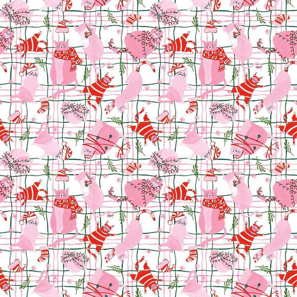 Timeless Treasures Here Comes Santa Claws CD4154 White Pink Holiday Cats On Plaid By The Yard