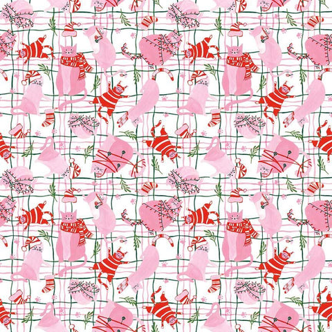 Timeless Treasures Here Comes Santa Claws CD4154 White Pink Holiday Cats On Plaid By The Yard
