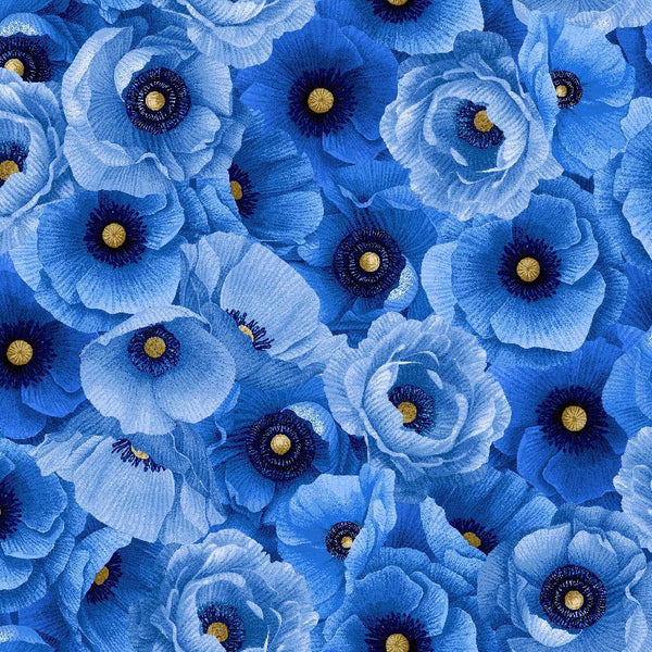 Timeless Treasures Poppy Serenade CD4162 Blue Packed Poppies By The Yard