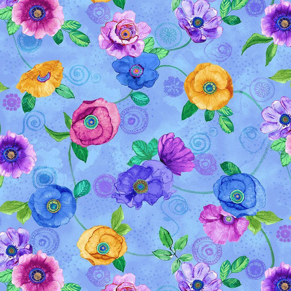 Timeless Treasures On The Brightside CD4272 Blue Spaced Poppy Dream By The Yard