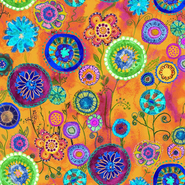 Timeless Treasures On The Brightside CD4276 Orange Stitch Floral Medallions By The Yard