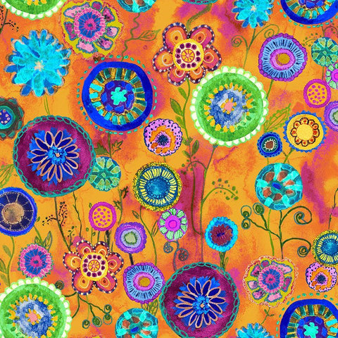 Timeless Treasures On The Brightside CD4276 Orange Stitch Floral Medallions By The Yard
