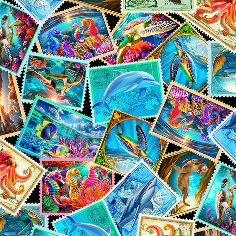 Timeless Treasures Underwater Paradise CD4283 Multi Sea Life Stamps By The Yard