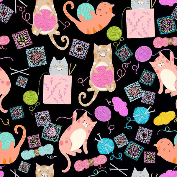 Timeless Treasures - Are You Kitten Me? CD4384 Black Knitting Kittens By The Yard
