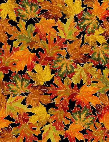 Timeless Treasures Give Thanks CM1289 Black Allover Metallic Autumn Leaves By The Yard