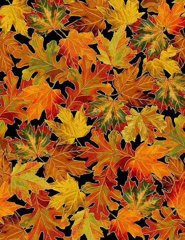 Timeless Treasures Give Thanks CM1289 Black Allover Metallic Autumn Leaves By The Yard