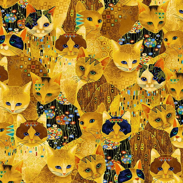 Timeless Treasures - Are You Kitten Me? CM1881 Gold Golden Bejeweled Cats Metallic By The Yard