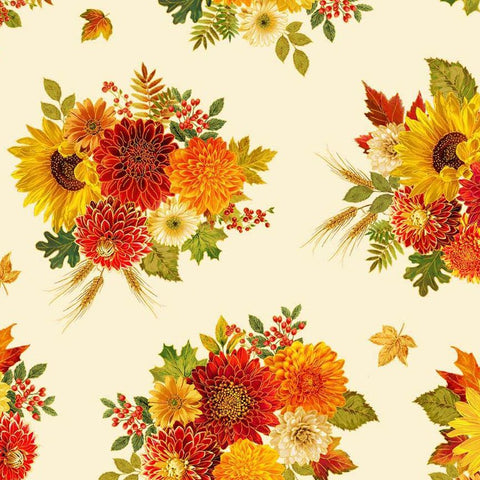Timeless Treasures Give Thanks CM4132 Cream Harvest Bouquets Metallic By The Yard