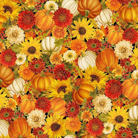 Timeless Treasures Give Thanks CM4134 Autumn Harvest Floral & Pumpkin Metallic By The Yard