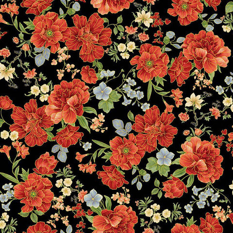 Timeless Treasures Imperial Bloom CM4374 Black Asian Medium Floral By The Yard