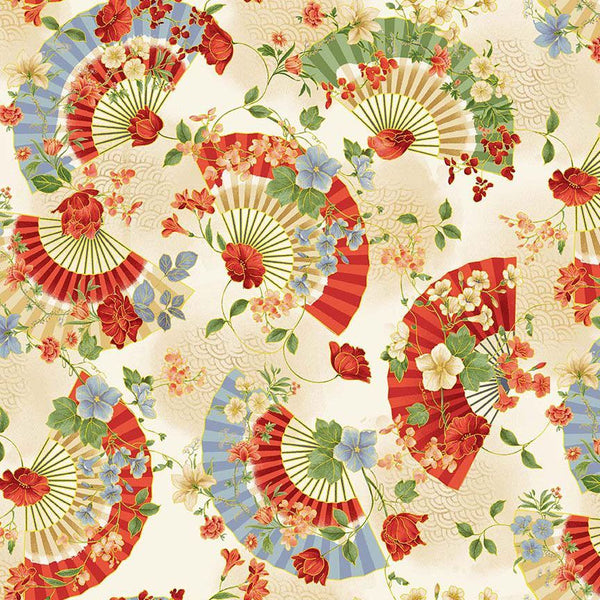 Timeless Treasures Imperial Bloom CM4376 Beige Asian Floral Fans By The Yard
