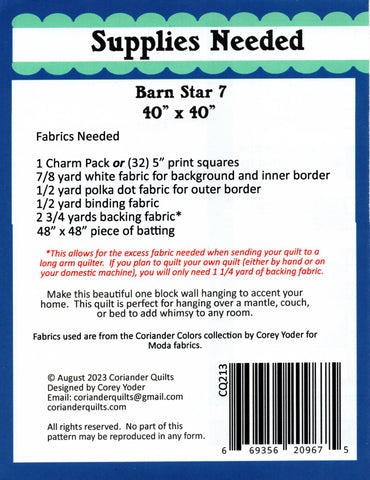 BARN STAR 7 - Coriander Quilts Pattern - Mini Pattern