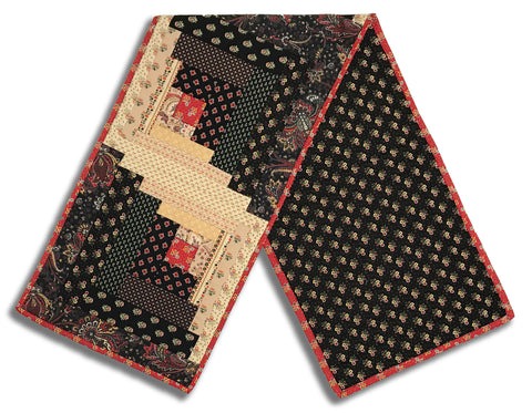 Fully FINISHED Curvy Log Cabin Table Runner - Circa: Turkey Red - Black & Cream