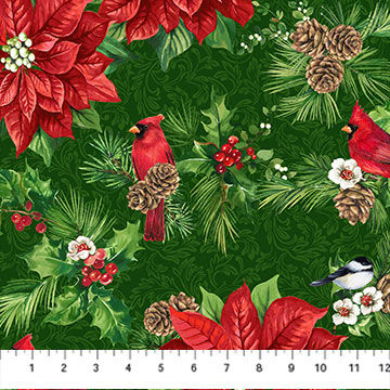 Northcott Digital Print - Yuletide Traditions 26105 76 Poinsettia Birds By The Yard