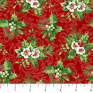 Northcott Digital Print - Yuletide Traditions 26109 24 Hellebore Red Multi By The Yard