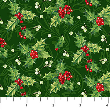 Northcott Digital Print - Yuletide Traditions 26110 76 Holly Green Multi By The Yard