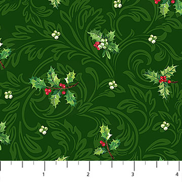 Northcott Digital Print - Yuletide Traditions 26111 76 Holly Mini Green Multi By The Yard