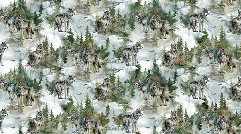 Northcott Digital - Lone Wolf DP27183 64 Teal Multi Wolf Scenic By The Yard