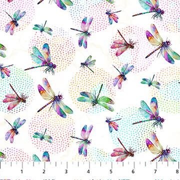 Northcott Digital - Dragonfly Dance DP27504 10 White Multi Dragonflies By The Yard