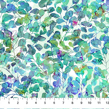 Northcott Digital - Dragonfly Dance DP27505 10 White Teal Leaves By The Yard