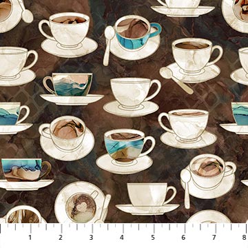 Northcott Digital - Barista DP27698 36 Brown Multi Cups & Saucers By The Yard