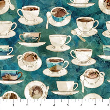 Northcott Digital - Barista DP27698 68 Drk Teal Cups & Saucers By The Yard