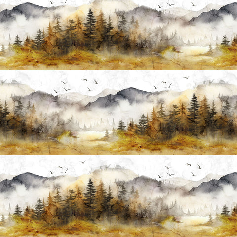 Northcott Digital - Misty Morning DP28648 54 Ochre Multi Border Stripe By The Yard