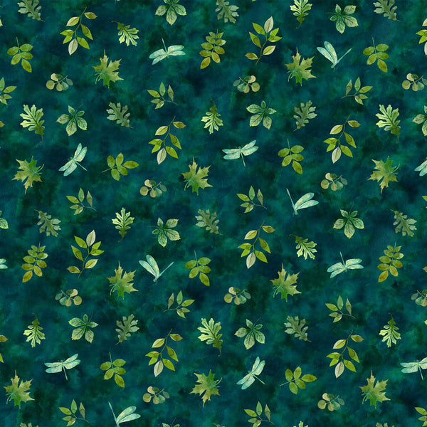 Northcott Luscious DP28753 69 Teal Multi Leaves & Dragonflies By The Yard