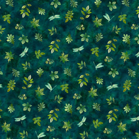 Northcott Luscious DP28753 69 Teal Multi Leaves & Dragonflies By The Yard
