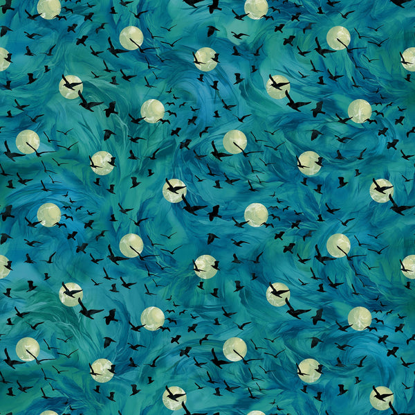 Northcott Raven's Call DP28948 66 Teal Flying Ravens By The Yard