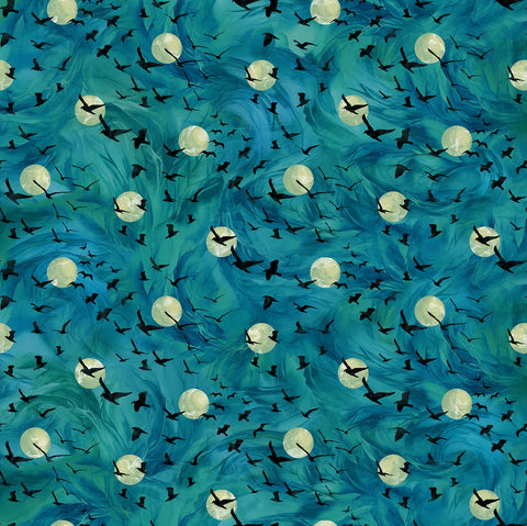 Northcott Raven's Call DP28948 66 Teal Flying Ravens By The Yard