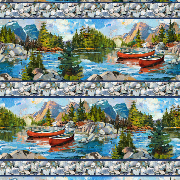 Northcott Canoe Lake DP29231 44 Blue Multi Border Stripe By The Yard