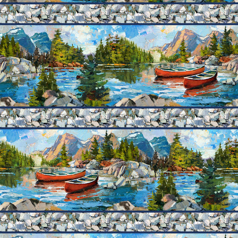 Northcott Canoe Lake DP29231 44 Blue Multi Border Stripe By The Yard
