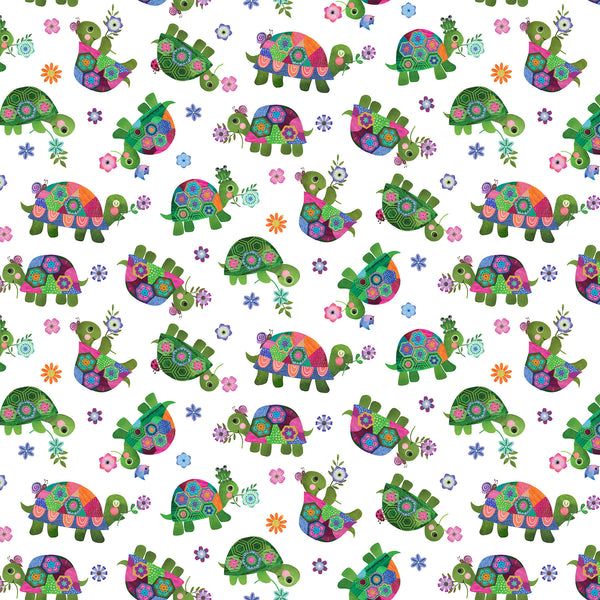 Northcott Topsy Turtles DP29317 10 White Multi Turtles By The Yard