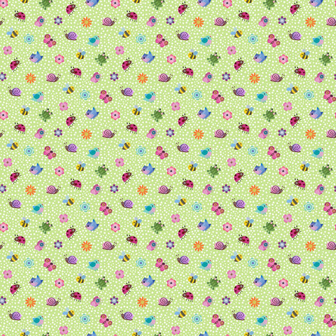Northcott Topsy Turtles DP29318 74 Light Green Multi Bug & Flower Toss By The Yard
