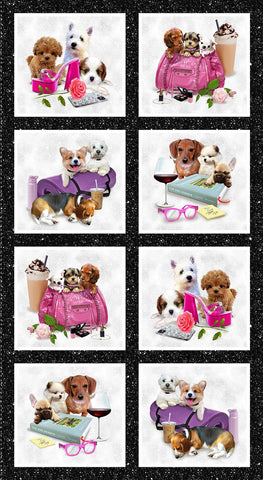 Henry Glass & Co. Diva Pups 1748P 99 Black Block 24" PANEL By The PANEL (Not Strictly By The Yard)