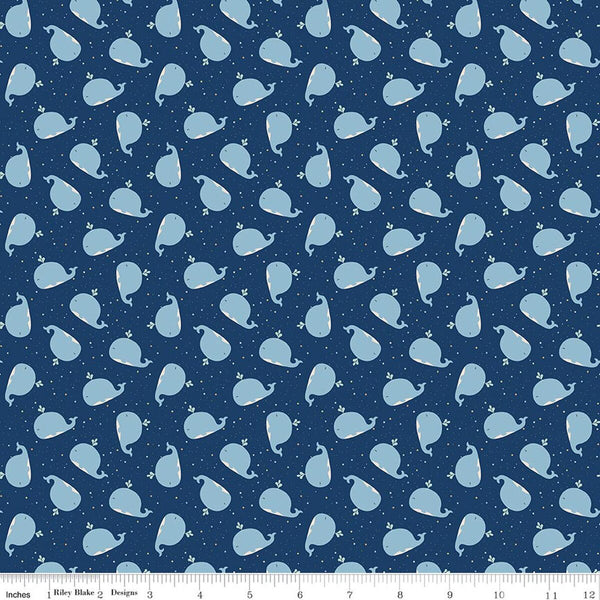 Riley Blake Love You To The Moon F18273 Navy Whales FLANNEL By The Yard
