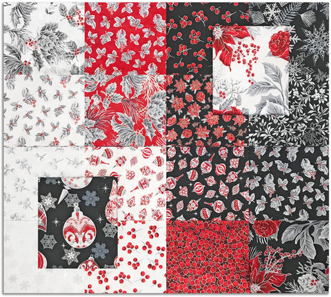 Jordan Fabrics Pre-Cut 18 Piece Fat Quarter Bundle - Christmas Blossom - Silver Poinsettia