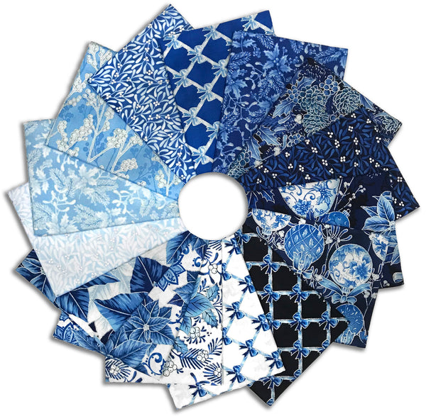 Kaufman Pre-Cuts 15 Piece Fat Quarter Bundle - 2139 16 - Holiday Flourish: Festive Finery - BLUE