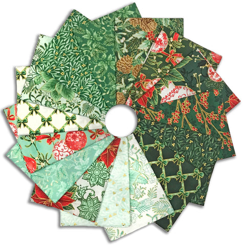 Kaufman Pre-Cuts 15 Piece Fat Quarter Bundle - 2144 15 - Holiday Flourish: Festive Finery - SPEARMINT