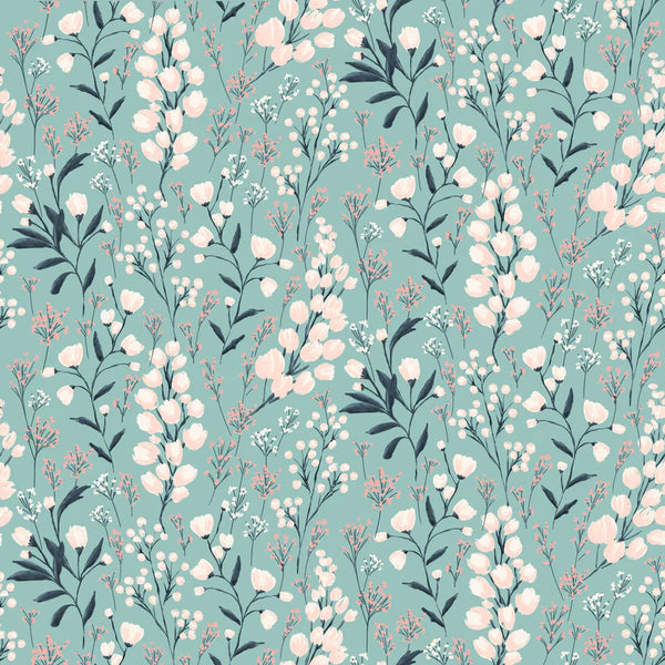 Poppie Cotton Painted Blossoms PB24657 Field Of Dreams Teal By The Yard
