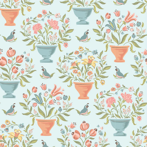 Poppie Cotton Wildwood Dwellings WW25116 Flower Pots Light Teal By The Yard