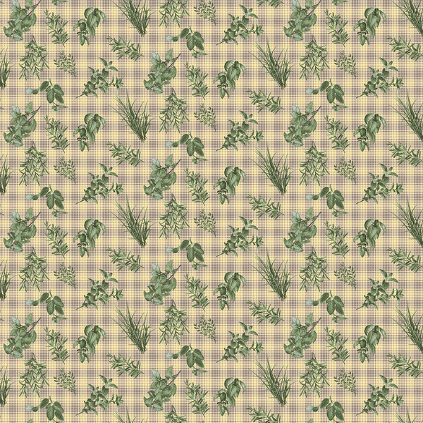 Henry Glass & Co. Gardening Snowmen 3107 33 Yellow/Tan Tossed Herbs & Plaid By The Yard